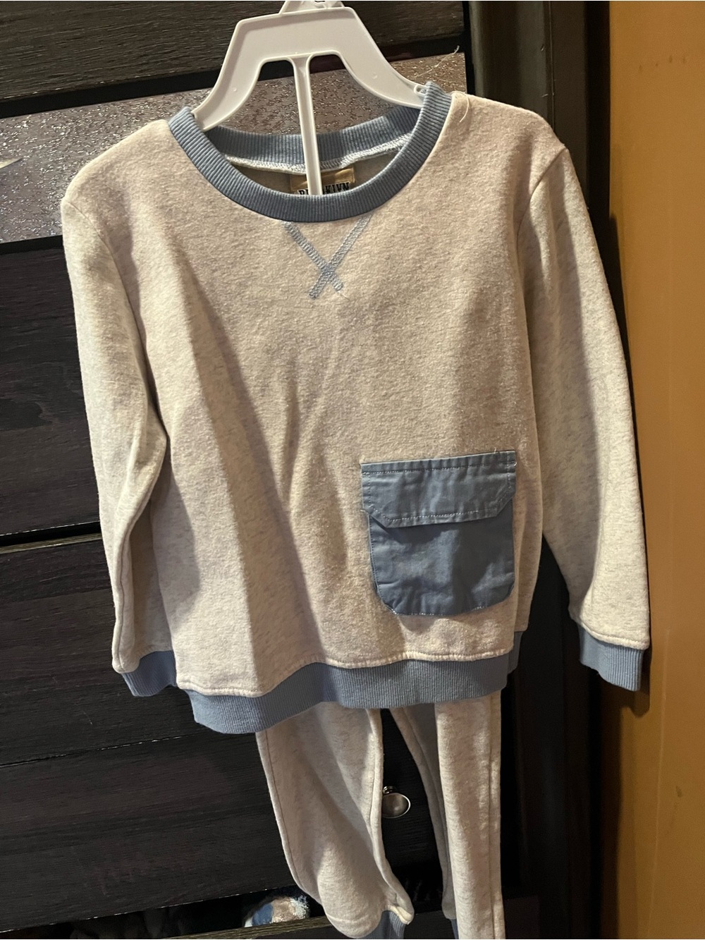 Kids Two-Piece Matching Lounge Set in Light Gray with Blue Trim